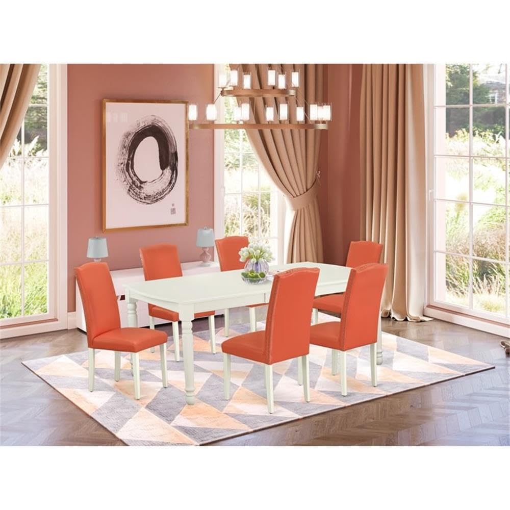 East West Furniture Doen7-Lwh-78 7 Piece Dining Set Consist Of A Rectangle Dining Room Table With Butterfly Leaf And 6 Pink Flamingo Faux Leather Upholstered Chairs, 42X78 Inch, Linen White